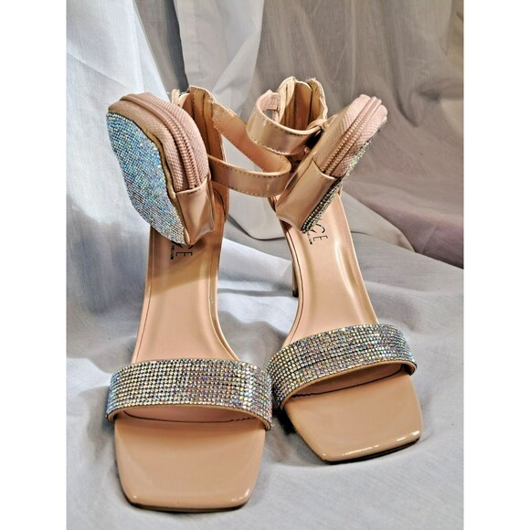 Rouge Pouch Iridescent Rhinestone Heels Square Toe Nude Patent Women's 8 - Picture 4 of 14